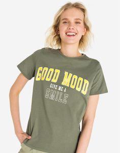 Хаки футболка с надписью GOOD MOOD Gloria Jeans
