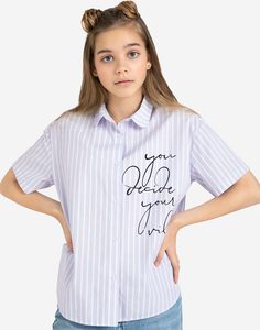 Голубая рубашка oversize в полоску с принтом для девочки Gloria Jeans