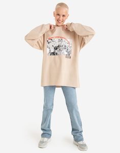 Бежевый удлинённый лонгслив oversize с принтом Gloria Jeans