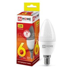 Лампа светодиодная IN HOME Свеча LED-СВЕЧА-VC, 6 Вт, Е14, теплый белый свет