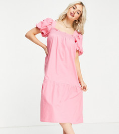 Ярко-розовое платье миди из хлопкового поплина с пышными рукавами Influence Petite-Розовый цвет