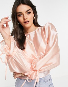 Свободная блузка из органзы с завязками на рукавах Fashion Union-Розовый цвет