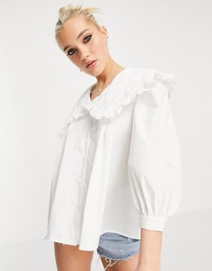 Белая рубашка с вышивкой ришелье на воротнике New Look-Белый
