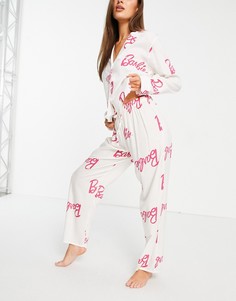 Белая пижама из 100% модала с рубашкой и брюками и розовым принтом "Barbie" ASOS DESIGN-Белый