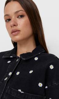 Stradivarius Джинсовая Куртка С Вышивкой «Ромашки» С Эффектом Потертости L
