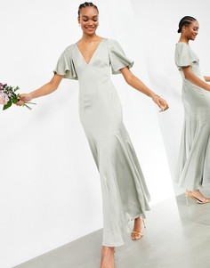 Шалфейно-зеленое атласное платье макси с расклешенным рукавом ASOS EDITION-Зеленый цвет