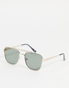Солнцезащитные очки-авиаторы в стиле 70-х в золотистой оправе с надбровной планкой на переносице и стеклами в стиле ретро ASOS DESIGN-Золотистый