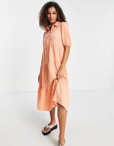 Платье миди кораллового цвета с ярусным подолом New Look-Розовый цвет