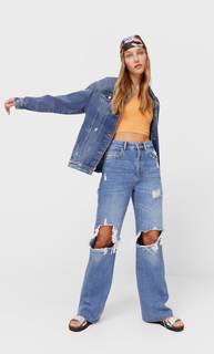 Stradivarius Джинсовая Куртка Объемного Кроя С Разрывами Средний Деним S