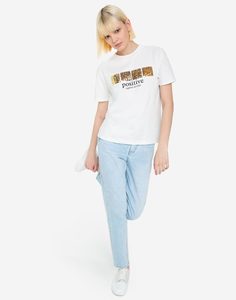 Молочная футболка oversize c принтом POSITIVE и пайетками Gloria Jeans