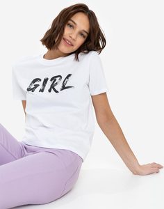 Белая футболка oversize с надписью GIRL и стразами Gloria Jeans