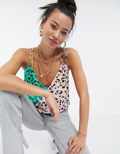 Яркий топ на бретелях с запахом и леопардовым принтом Love Moschino-Многоцветный