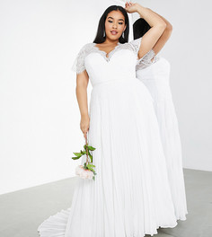 Свадебное платье с кружевом, глубоким вырезом и плиссированной юбкой ASOS EDITION Curve-Белый