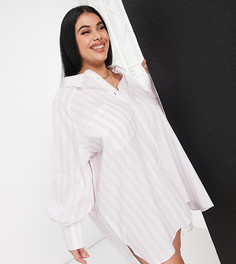 Платье-рубашка в стиле oversized в сиреневую полоску с объемными рукавами Threadbare Plus Size-Фиолетовый цвет