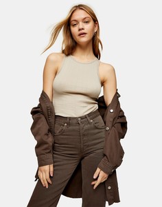Серовато-коричневая майка в рубчик с овальным вырезом Topshop-Коричневый цвет