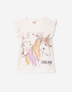Бежевая футболка с принтом Dream big для девочки Gloria Jeans