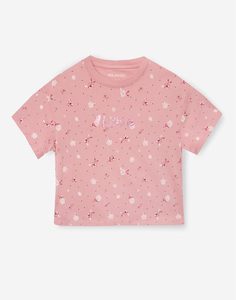 Бежевая футболка oversize с цветочным принтом для девочки Gloria Jeans