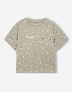 Оливковая футболка oversize с цветочным принтом для девочки Gloria Jeans
