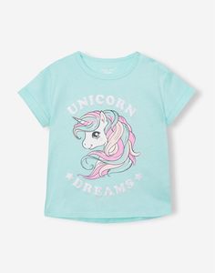 Голубая футболка с принтом Unicorn dreams для девочки Gloria Jeans