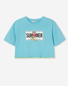 Голубая укороченная футболка с принтом Summer для девочки Gloria Jeans