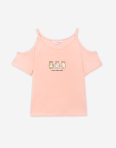 Розовая футболка с открытыми плечами и принтом для девочки Gloria Jeans