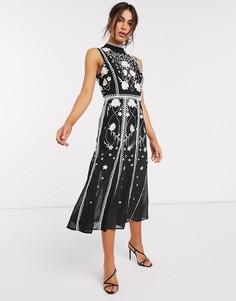 Однотонное платье миди с вышивкой, клиньями и круговой отделкой ASOS DESIGN-Многоцветный