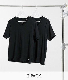 Набор из 2 узких черных футболок с V-образным вырезом Jack & Jones Essentials-Черный
