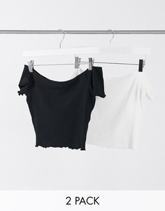 Набор из 2 кроп-топов черного и белого цвета со спущенными плечами и фактурным краем Glamorous-Мульти