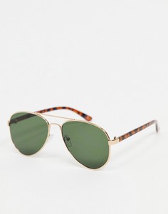 Солнцезащитные очки-авиаторы в золотистой и черепаховой оправе с зелеными стеклами в стиле 90-х ASOS DESIGN-Черный цвет