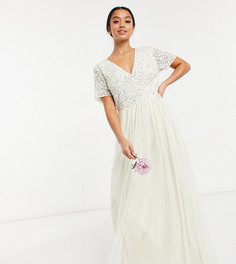 Платье макси цвета экрю из тюля с V-образным вырезом и пайетками в тон Maya Petite Bridal-Белый