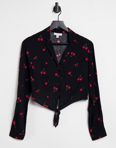 Черная укороченная рубашка с принтом вишни и завязкой спереди Topshop-Многоцветный