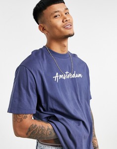 Синяя футболка свободного кроя с надписью "Amsterdam" ASOS DESIGN-Голубой