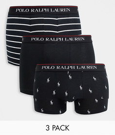 Набор из 3 боксеров-брифов черного цвета, в полоску и со сплошным фирменным принтом игрока в поло Polo Ralph Lauren-Черный цвет