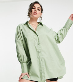 Платье-рубашка в стиле oversized с объемными рукавами нежного цвета хаки Threadbare Plus Size-Зеленый цвет