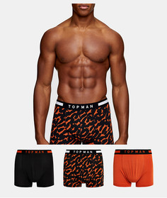Набор из 3 боксеров-брифов черного, оранжевого цвета и с леопардовым принтом Topman-Оранжевый цвет