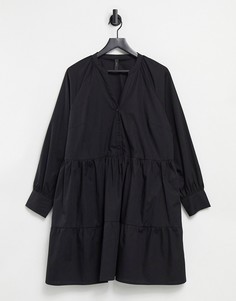 Черное платье мини из хлопкового поплина с присборенной юбкой и V-образным вырезом Y.A.S-Черный