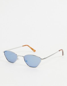 Серебристые маленькие солнцезащитные очки с синими угловатыми стеклами ASOS DESIGN-Серебристый