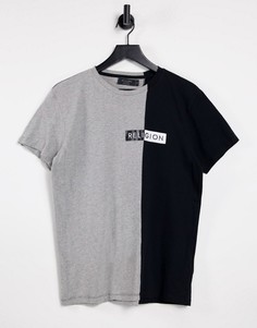Светло-серая/черная футболка в стиле колор блок Religion-Серый