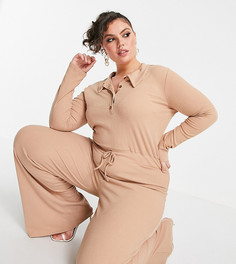 Бежевый комбинезон в рубчик с отложным воротником In The Style Plus x Olivia Bowen-Нейтральный