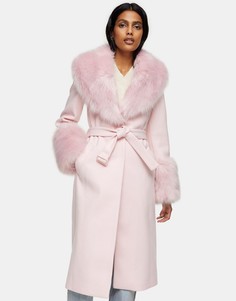 Розовое пальто с отделкой из искусственного меха Topshop-Розовый цвет
