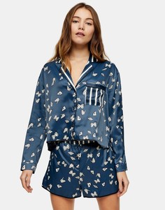 Атласный пижамный комплект темно-синего цвета с принтом бабочек Topshop-Темно-синий