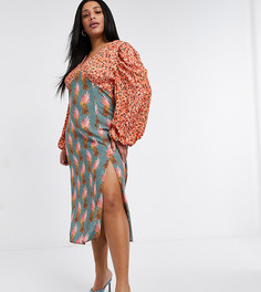 Платье миди контрастной расцветки с разрезом на бедре и стильным леопардовым принтом Never Fully Dressed Plus-Многоцветный