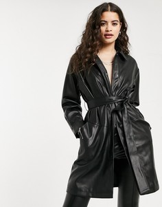 Черная куртка-рубашка из искусственной кожи с поясом Topshop-Черный цвет