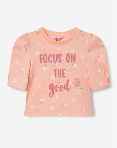 Коралловая футболка с цветочным принтом и надписью для девочки Gloria Jeans