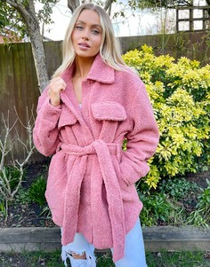 Розовое пальто из искусственного меха с поясом NA-KD-Розовый цвет