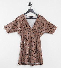 Серо-коричневое чайное платье на роговых пуговицах с цветочным принтом ASOS DESIGN Petite-Нейтральный