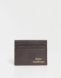 Коричневая кожаная визитница с золотистым логотипом Polo Ralph Lauren-Коричневый цвет