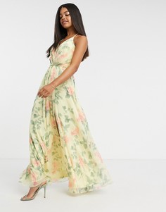 Кремовое платье макси с глубоким вырезом с сетчатой вставкой спереди и цветочным принтом Lipsy-Многоцветный