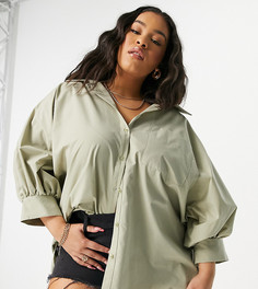 Рубашка цвета хаки в стиле oversized из хлопка с объемными рукавами длиной 3/4 ASOS DESIGN Curve-Зеленый цвет