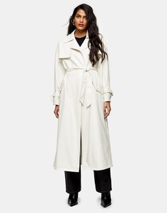 Тренч макси цвета слоновой кости из искусственной кожи с поясом Topshop-Белый
